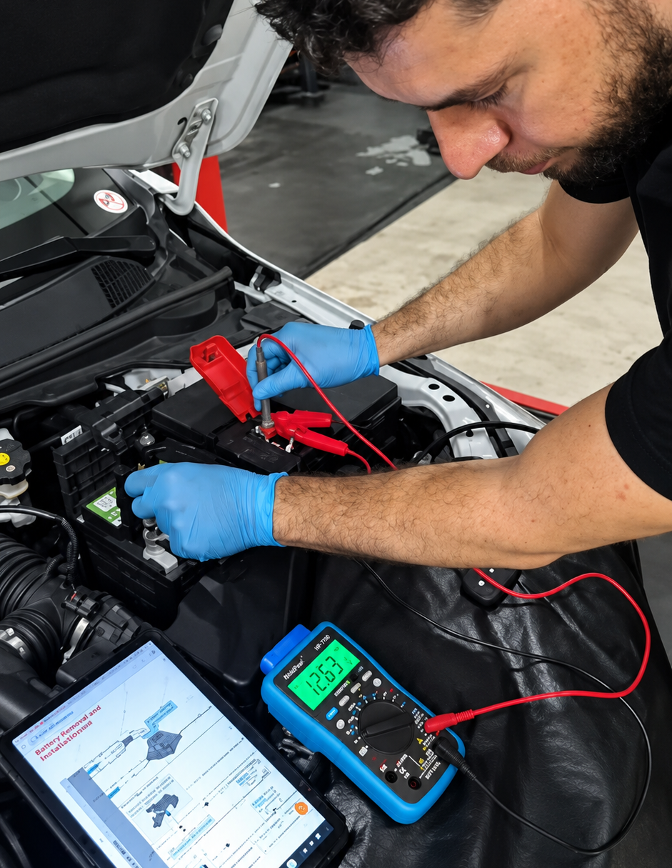 Técnico da Excelência realizando diagnóstico elétrico com multímetro e tablet técnico